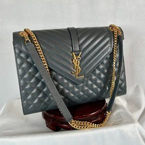 Saint Laurent YSL Large Grey Monogram Satchel Envelope Chain Shoulder Bag